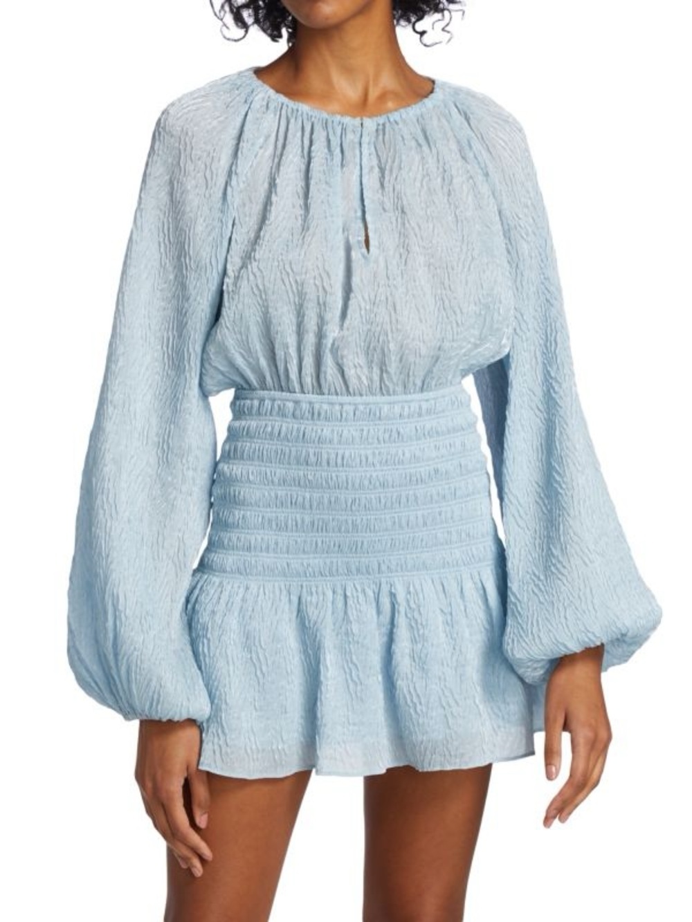 Ramy Brook Bennett Shirred Ruffle Smocked Blue Mini Dress XXS Soft Feminine
